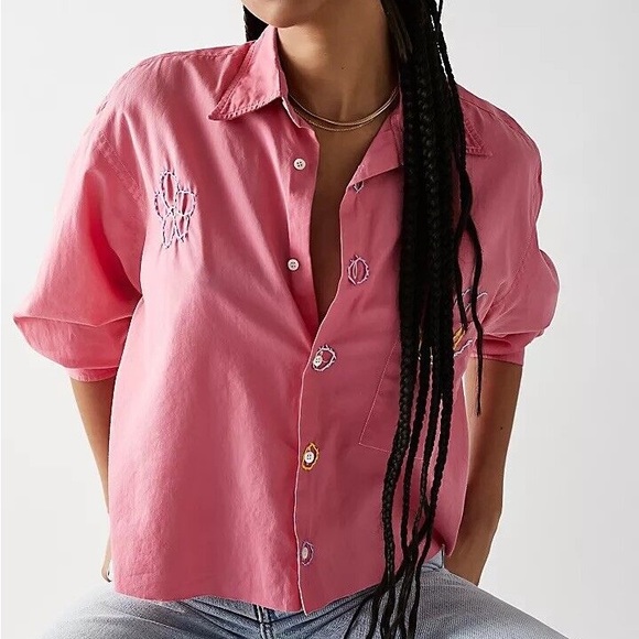 NWT Free People / RILEY Vintage Boxy Embroidered Buttondown Shirt Z567